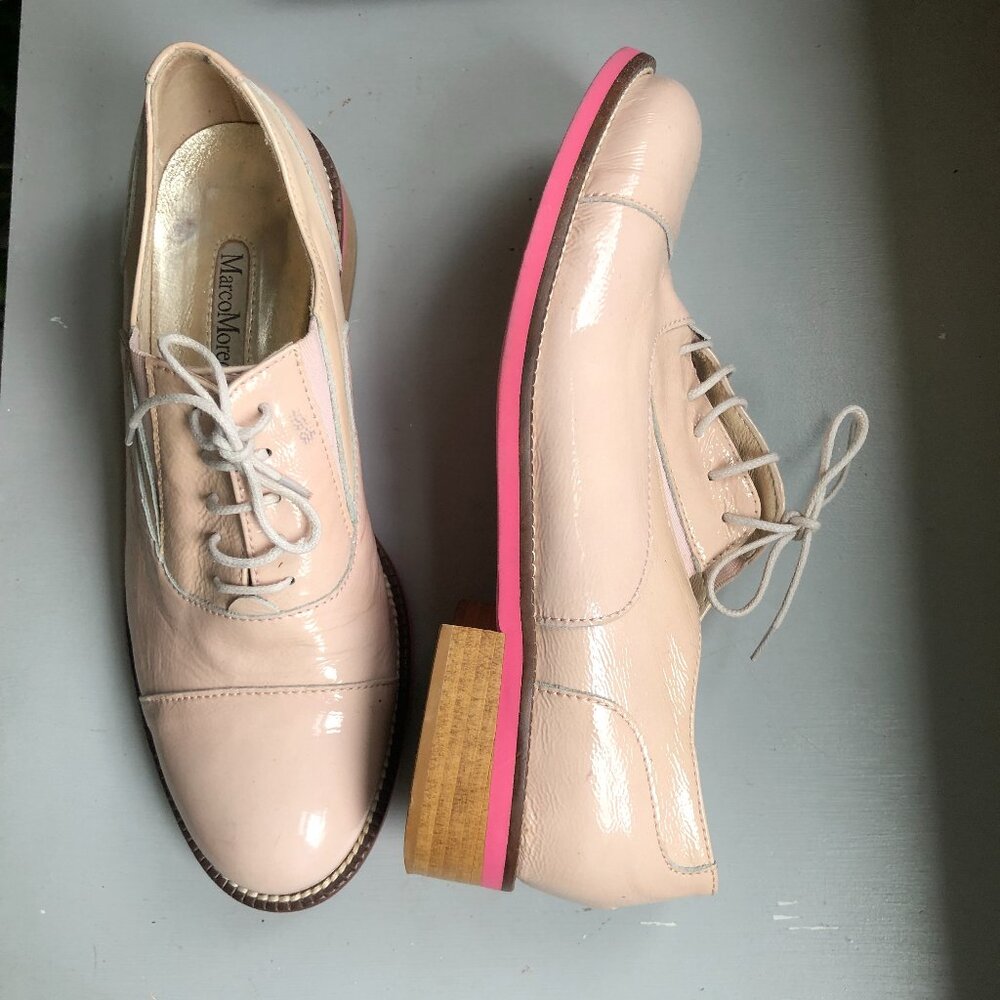 Marco Moreo subtle Blush and Nude patent two-tone loafers,. Made in Italy 37.5